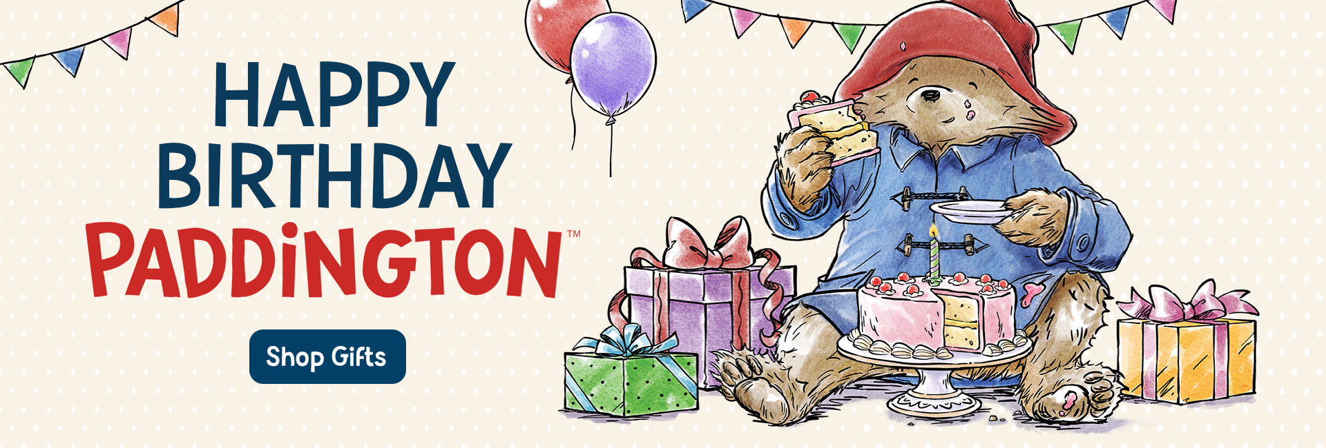 Happy Birthday Paddington banner with Paddington Bear and friends celebrating a birthday.