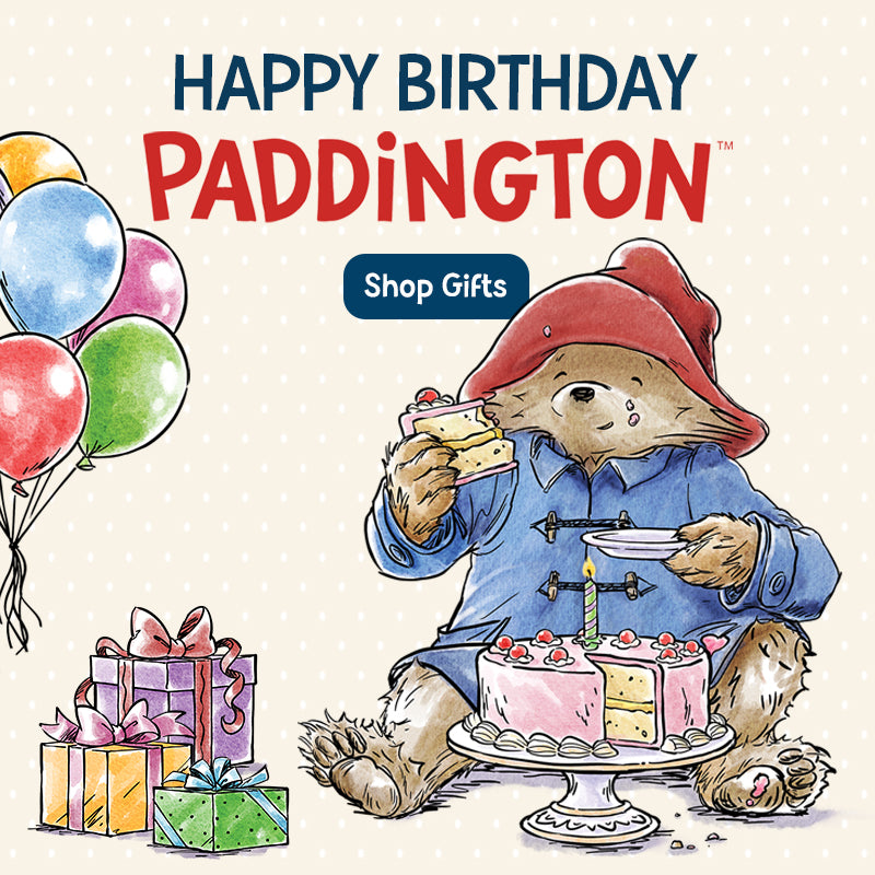 Happy Birthday Paddington with Paddington Bear eating cake, surrounded by balloons and gifts on a beige background.