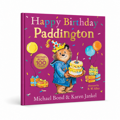 Book cover of 'Happy Birthday Paddington' with Paddington Bear holding a cake on a purple background.