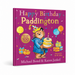 Book cover of 'Happy Birthday Paddington' with Paddington Bear holding a cake on a purple background.