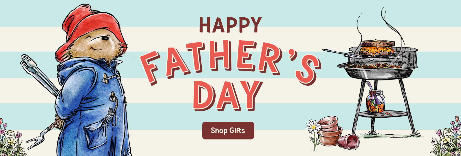 Paddington Bear in a red hat and blue coat with 'Happy Father's Day' text and grill on a light background.