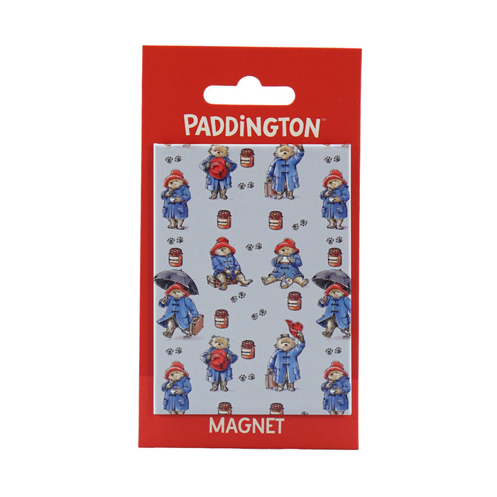 Paddington bear magnet packaging with red border and character illustrations on a white background