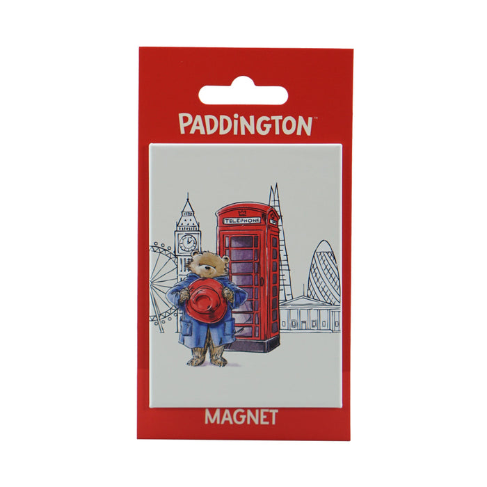A Paddington Bear fridge magnet with London landscape and red telephone box with red packaging