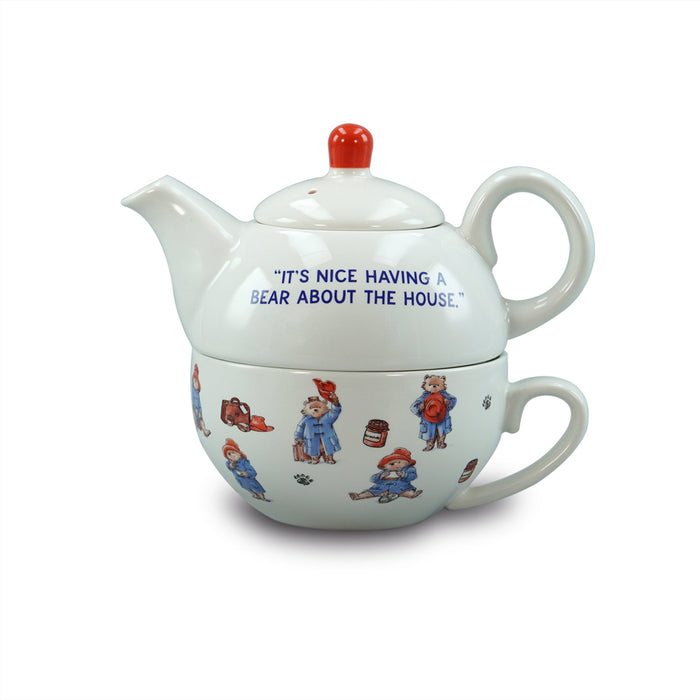 Ceramic teapot and mug set with Paddington Bear illustrations on a white background