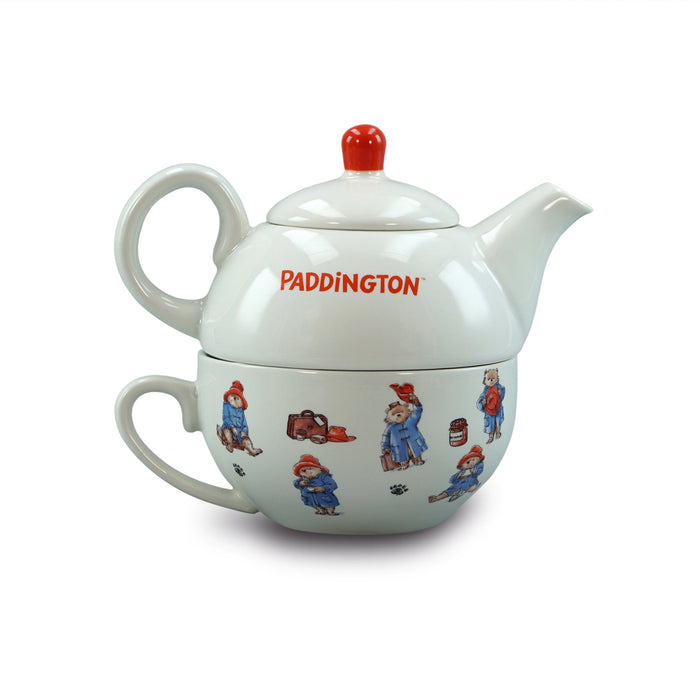 Ceramic teapot and mug set with Paddington Bear illustrations on a white background