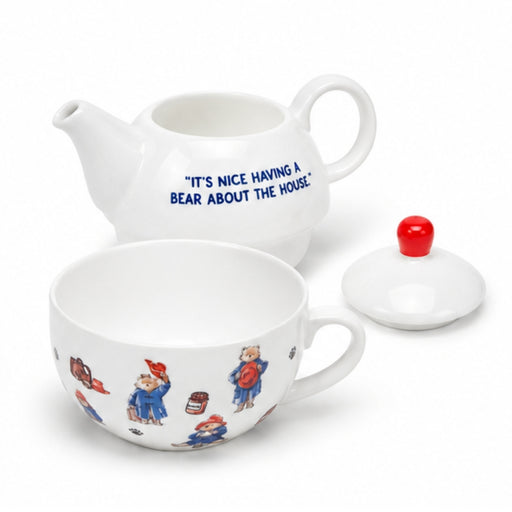 Teapot, teacup, and teacup with Paddington Bear illustrations on a white background