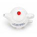 White teapot with a red button and blue text on a white background