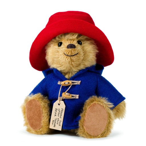 Stuffed Paddington bear teddy in a red hat and blue coat with a tag on a white background