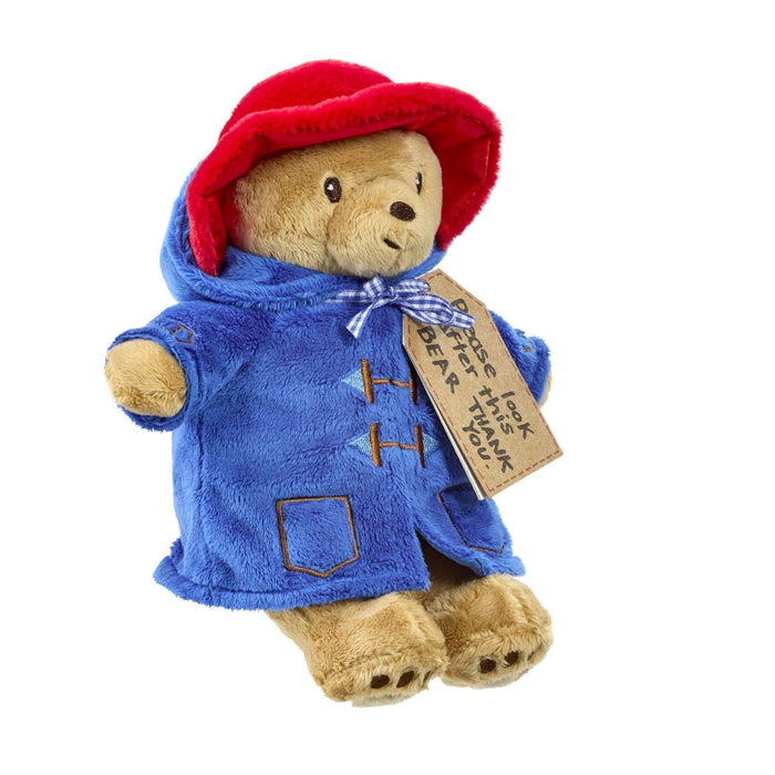 Teddy bear in a blue coat and red hat with a tag on a white background
