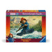 Jigsaw with Paddington bear character in a blue coat and red hat rowing a boat through a river with mountains and a helicopter in the background.