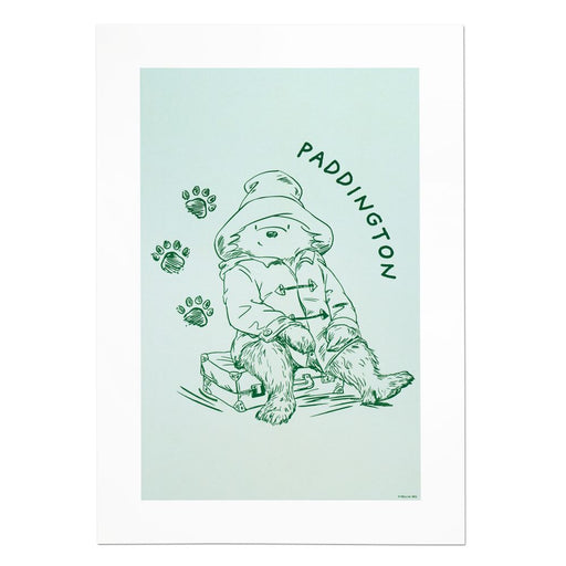 A Paddington sketch A4 poster print in light green and blue with paw prints