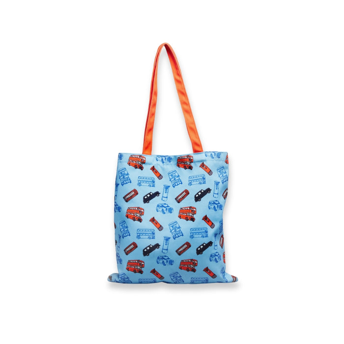 Blue tote bag with vehicle pattern and red handle on a white background