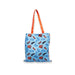 Blue tote bag with vehicle pattern and red handle on a white background