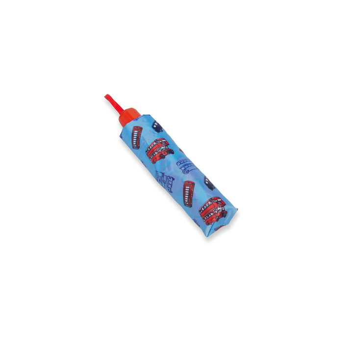 Children's rolled up Paddington umbrella with london bus and telephone box design on a blue background