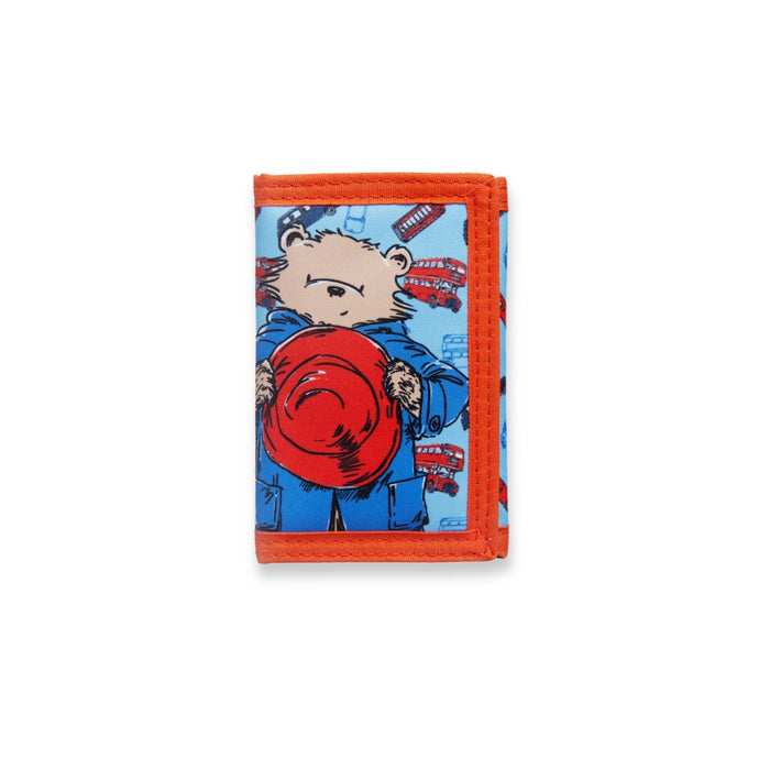 Small wallet with red border and Paddington Bear pattern on a white background