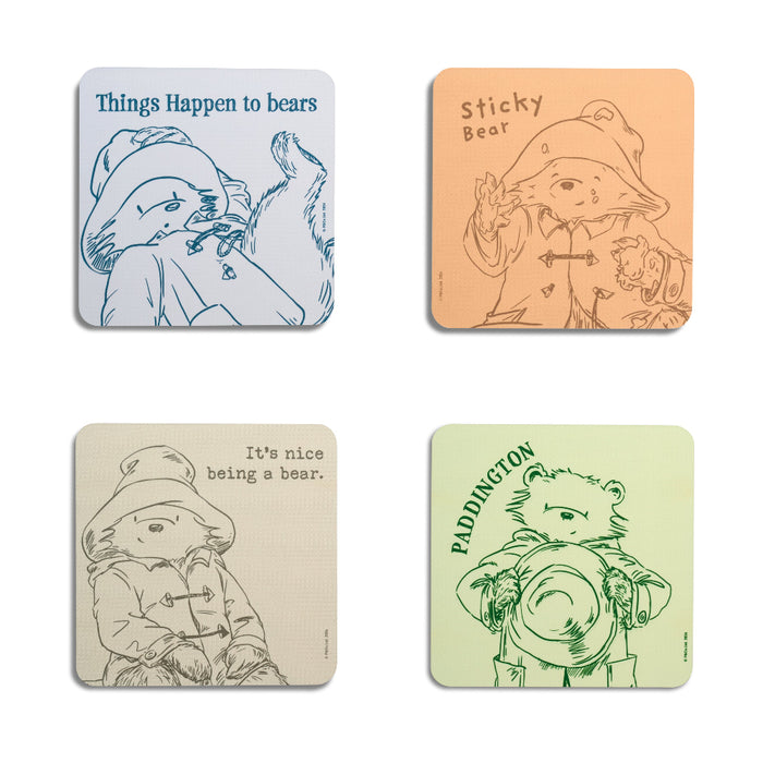 A set of 4 coloured Paddington coffee table coasters with sketches and quotes
