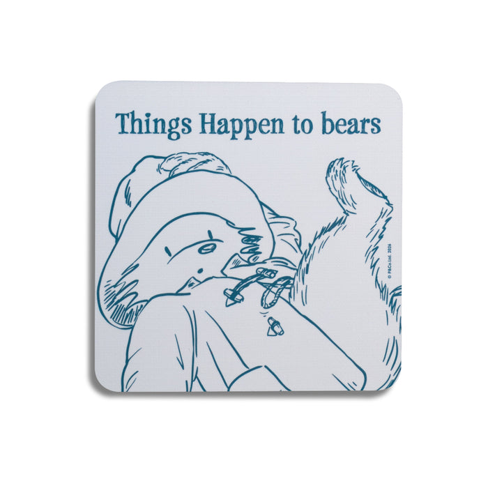 A blue Paddington coffee table coaster with sketch and quote