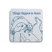 A blue Paddington coffee table coaster with sketch and quote