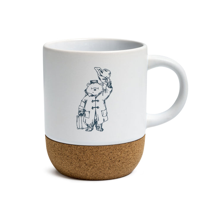 White ceramic Paddington mug teacup with navy blue sketch print and cork base