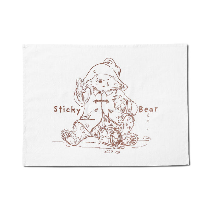 A White Paddington tea towel with Sticky Bear sketch design