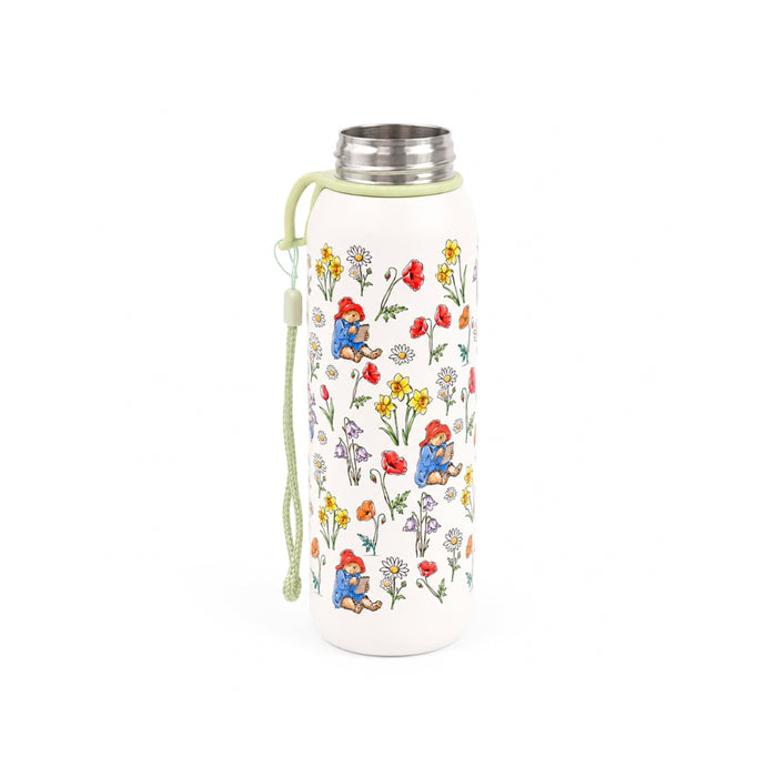 Floral-patterned and Paddington water bottle with a green lid on a white background