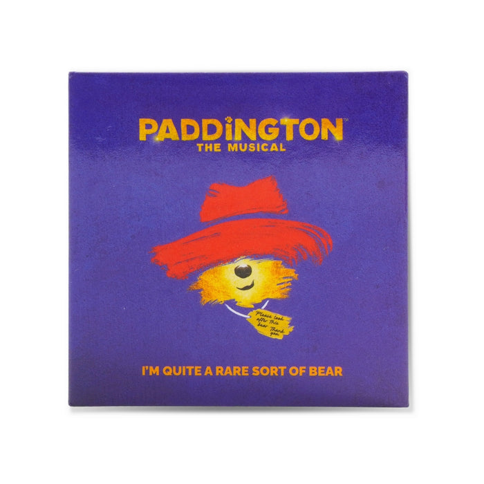 Magnet with Paddington the musical  design and text on a blue background