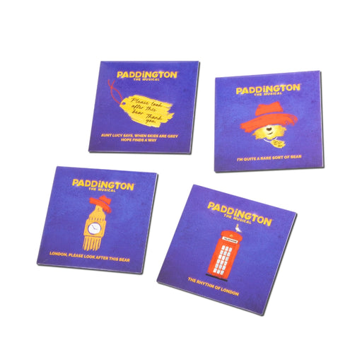 Four Paddington the musical-themed square fridge magnets on a white background