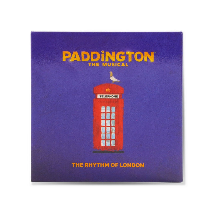 fridge magnet for 'Paddington: The Musical' with a red telephone box and bird illustration on a purple background.