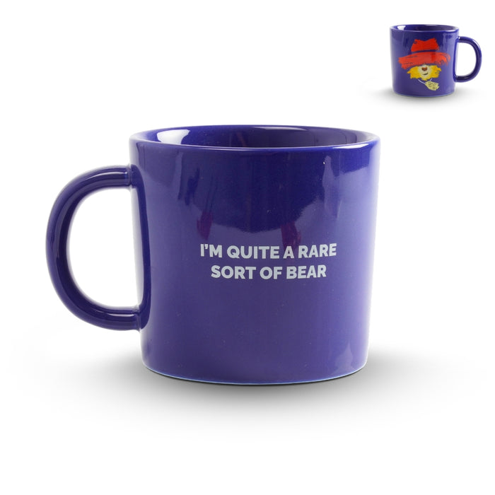 Blue mug with text 'I'm quite a rare sort of bear' on a white background