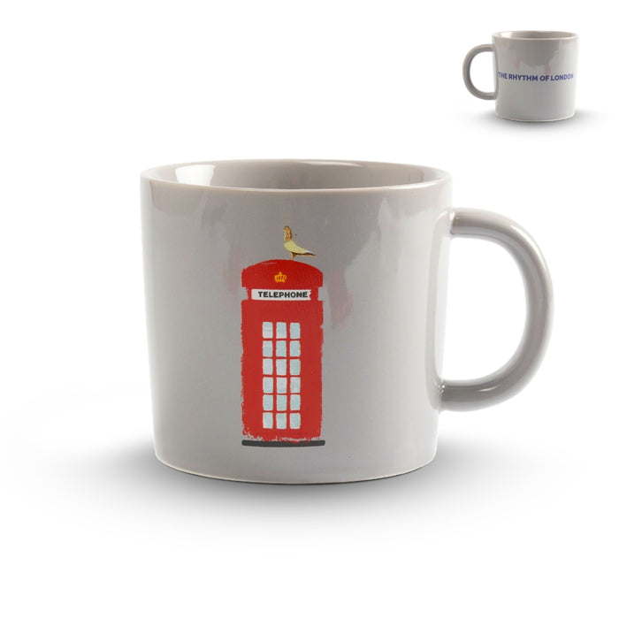 White mug with red telephone box design on a white background