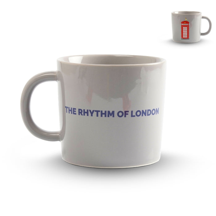 White mug with 'The Rhythm of London' text on a white background