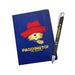 Blue notebook with Paddington The Musical design and a black pen on a white background