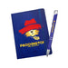Blue notebook with Paddington The Musical design and matching blue pen on a white background