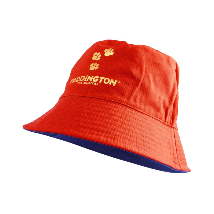 Red bucket hat with 'Paddington' branding on a white background