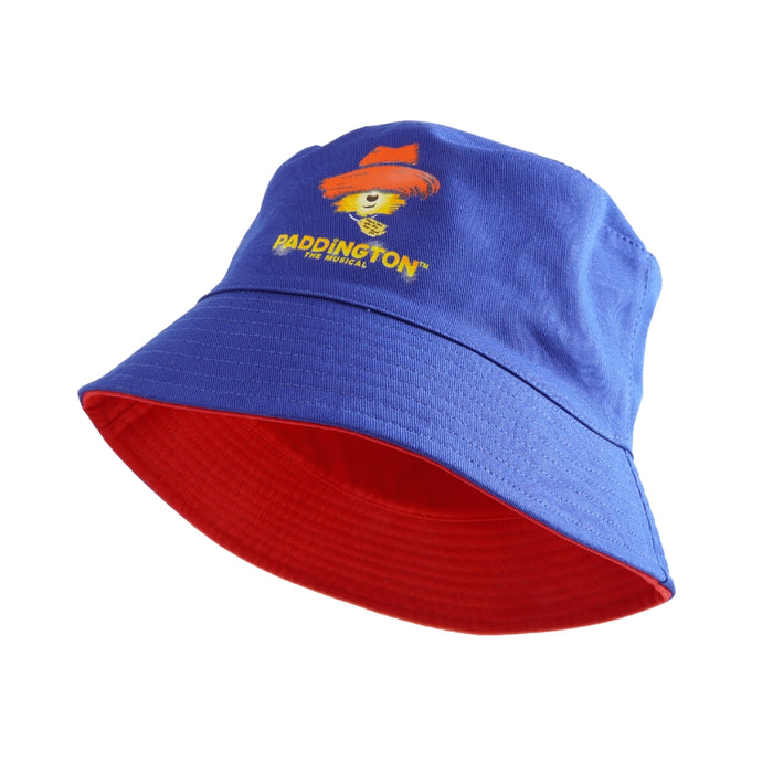Blue and red bucket hat with Paddington Bear logo on a white background