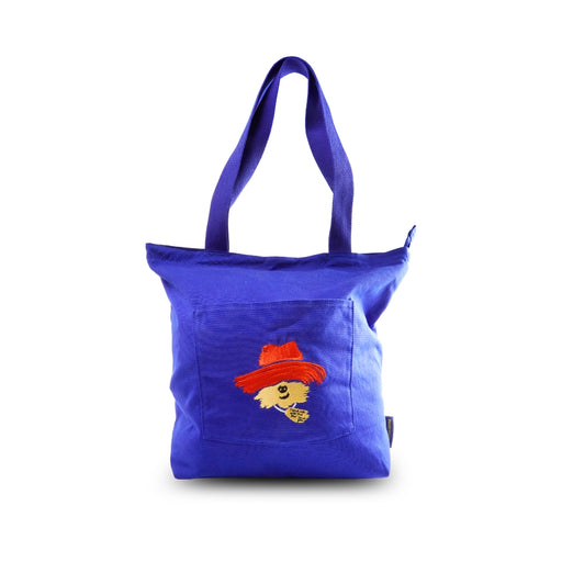 Blue tote bag with a red and yellow design on a white background