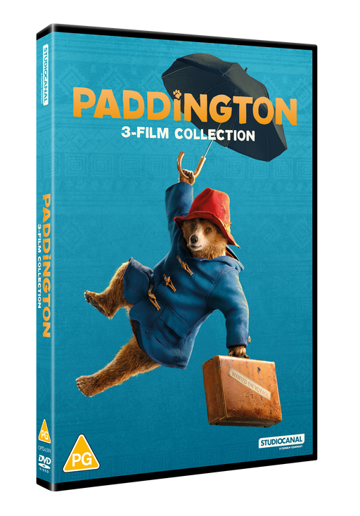 DVD cover for the Paddington 3-film collection featuring an illustration of the main character, Paddington Bear, in a red hat and blue coat, holding a suitcase and a umbrella, with the title text and the Paddington bear logo.