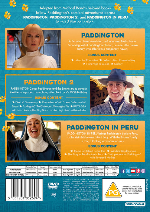 DVD back cover for the Paddington 3-film collection featuring image stills from the movies and DVD disc information
