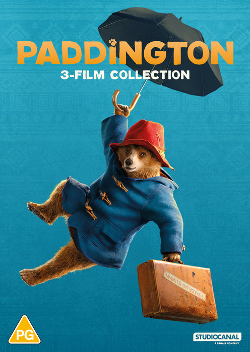 DVD cover for the Paddington 3-film collection featuring an illustration of the main character, Paddington Bear, in a red hat and blue coat, holding a suitcase and a umbrella, with the title text and the Paddington bear logo.