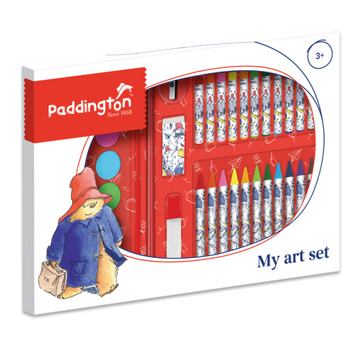 A Paddington themed window art set with various drawing and coloring supplies displayed in a box.