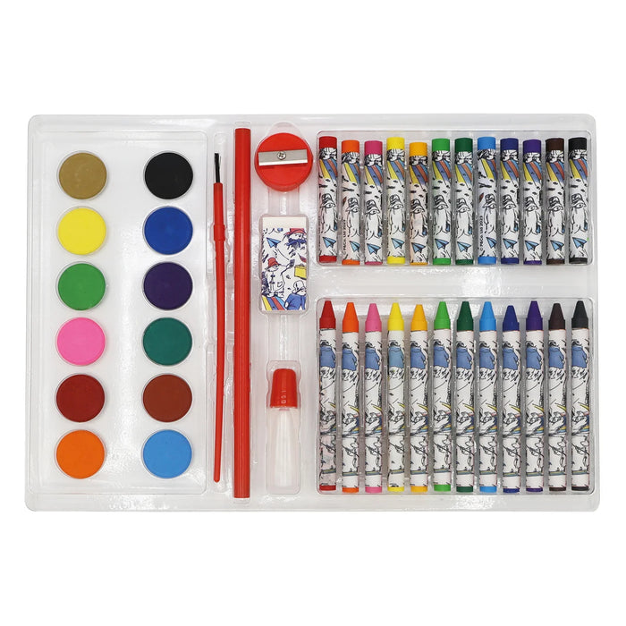 A children's art and painting set in a clear plastic case, featuring 12 round watercolor paint pans, 12 crayons, 12 oil pastels, 1 paintbrush, 1 pencil, a red sharpener, an eraser, a small bottle of glue, and multiple crayons in assorted colors.