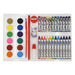 A children's art and painting set in a clear plastic case, featuring 12 round watercolor paint pans, 12 crayons, 12 oil pastels, 1 paintbrush, 1 pencil, a red sharpener, an eraser, a small bottle of glue, and multiple crayons in assorted colors.
