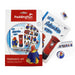 Paddington stationery set with a white and red box, a printed booklet, a ruler, a sticker, and a packaging featuring Paddington Bear illustrations and text on a white background.