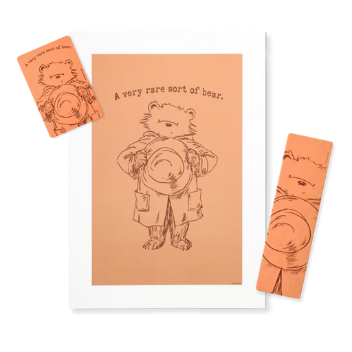 Gift Set of poster, magnet and bookmark with bear illustrations and text on a white background
