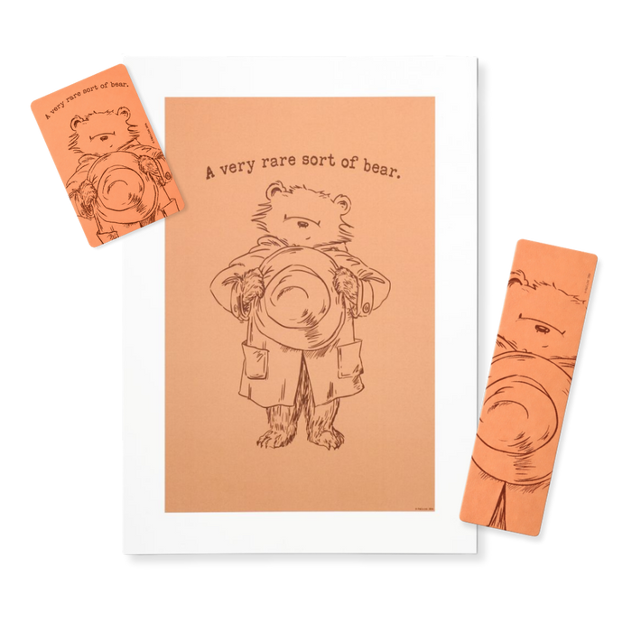 Gift Set of poster, magnet and bookmark with bear illustrations and text on a white background