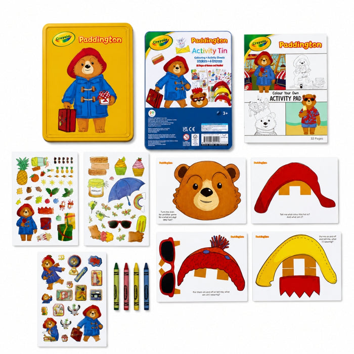 Crayola Paddington Bear activity set with coloring book, stickers, and crayons on a white background