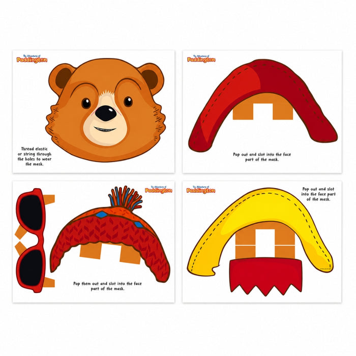 Set of bear-themed paper masks with assembly instructions on a white background