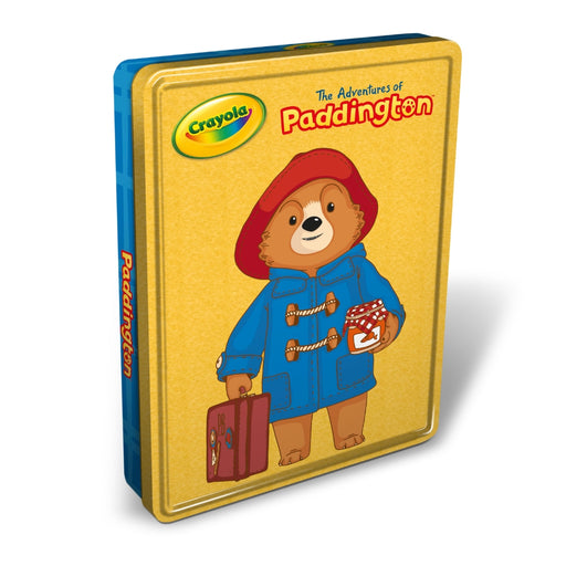 Crayola Paddington Bear activity tin with a bear character on a yellow and blue tin