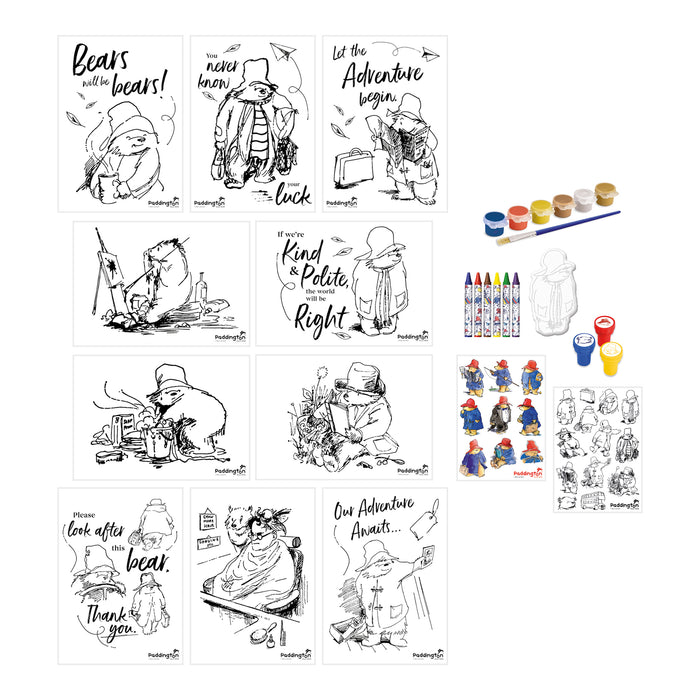 Paddington Art Activity set with illustration pages to paint. Crayons, ink stamps, stickers and plaster figurine.