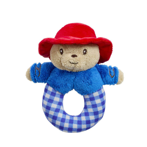 Plush toy rattle with a red hat and blue checkered rattle on a white background